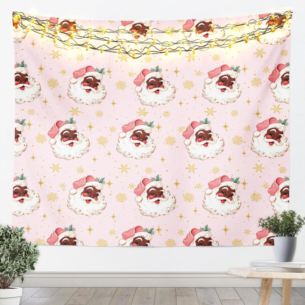 Black Santa Claus Tapestry Afro African American Wall Art Merry Christmas Wall Hanging Blanket for Living Room Bedroom Home