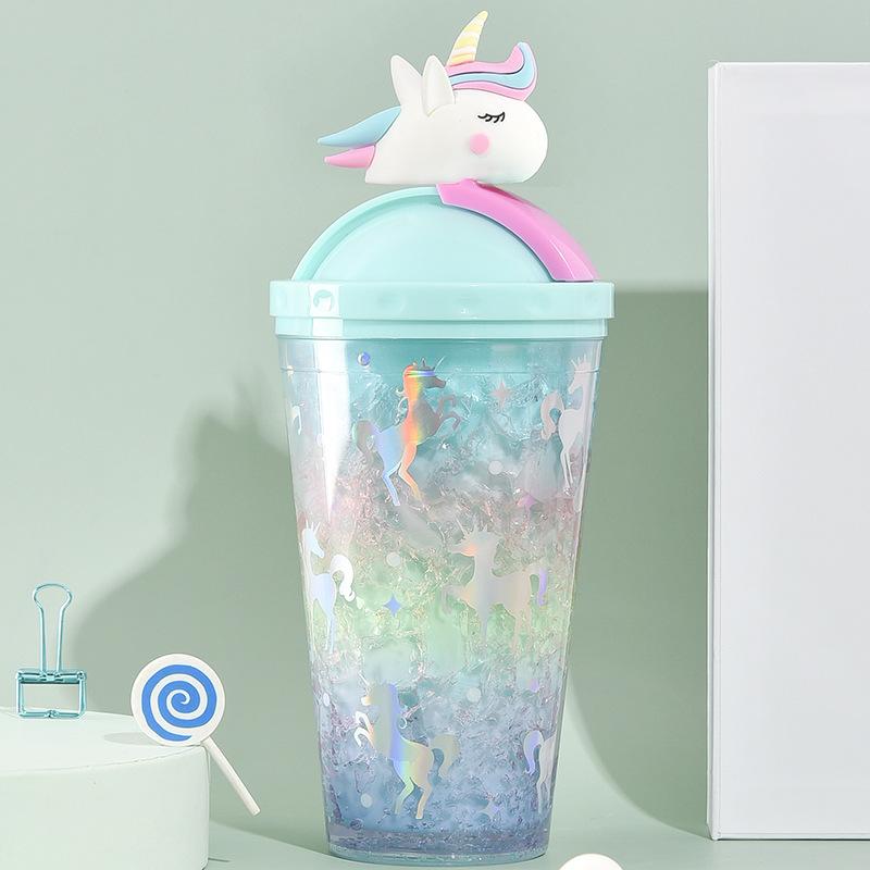 Jednorožec Ice Cup Fľaša na vodu Gradient Girl Heart Roztomilý slamený pohár Jednoduchý prenosný domáci kreatívny dvojitý plastový pohár