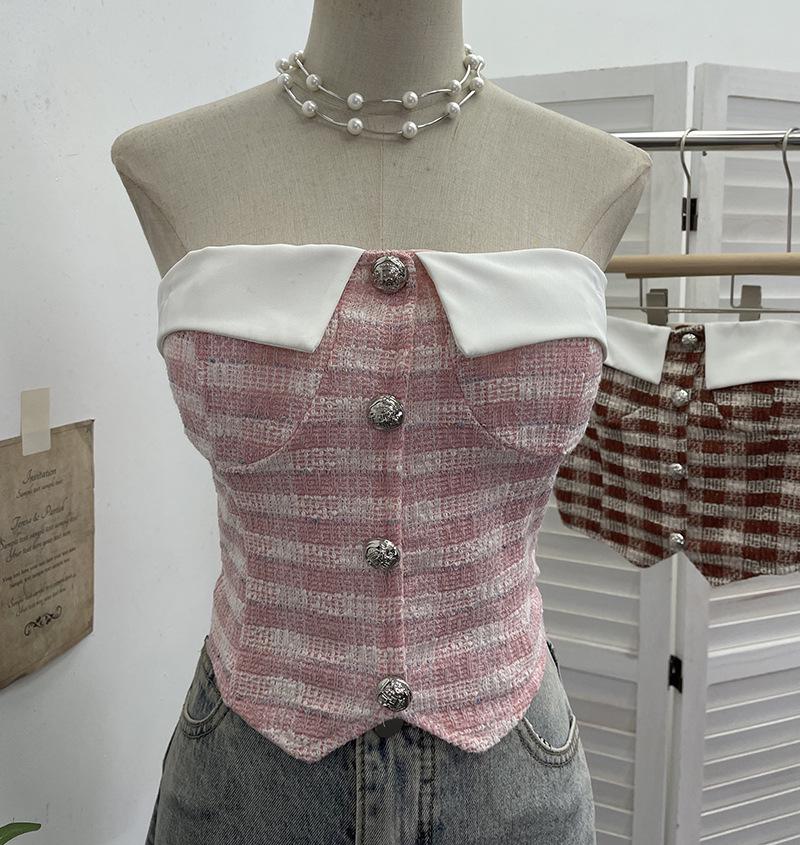 

Plaid Tweed Sleeveless Cropped Tube Top with Chest Pads One Size розовый