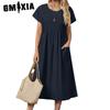 GMXIA Sommer Dame Pluss Størrelse Kjole Lang Ensfarget Bomull Lin Rund Hals Lommer Plissert Kortermet Kjoler