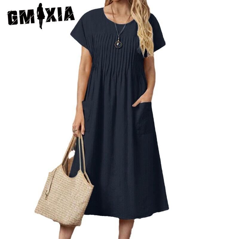 GMXIA Sommer Dame Pluss Størrelse Kjole Lang Ensfarget Bomull Lin Rund Hals Lommer Plissert Kortermet Kjoler