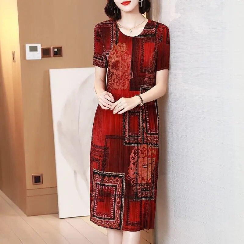 Plissee Casual Kleid Weibliche Sommer Neue Mode Druck Große Größe Dünne Dünne Rock Hülse O Neck Kleid Tops