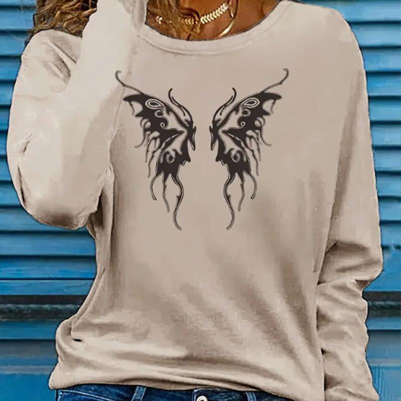 Tops For Women Butterfly Wings Print Round Neck Long Sleeve T-shirt Fall Casual Slim Pullover Women's Long Sleeve Top
