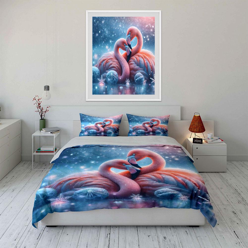 Romantic Pink Flamingos Winter Scene Duvet Cover Set With 3D Printing Design Soft Polyester Bedding Set All-Season Comfort
