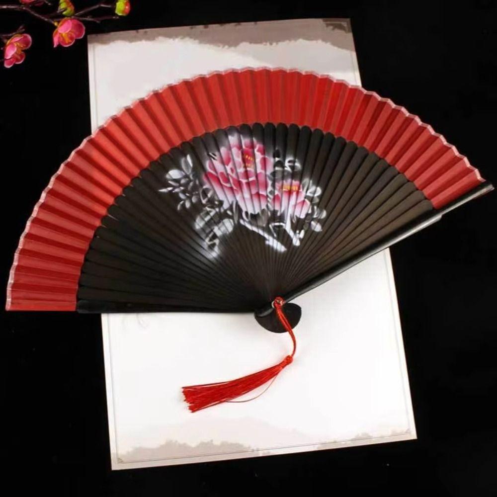 Chinese Style Tassel Folding Fan Exquisite Kimono Fan Blossom Printing Folded Fan Home Decoration