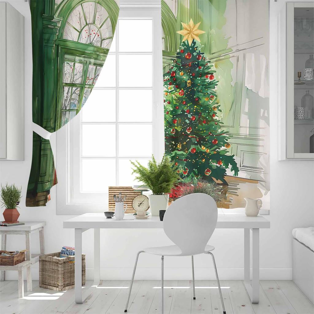 Christmas Tree Watercolor Lantern Gift Window View Blackout Curtains For Living Room Bedroom Window Treatment Blinds Drapes