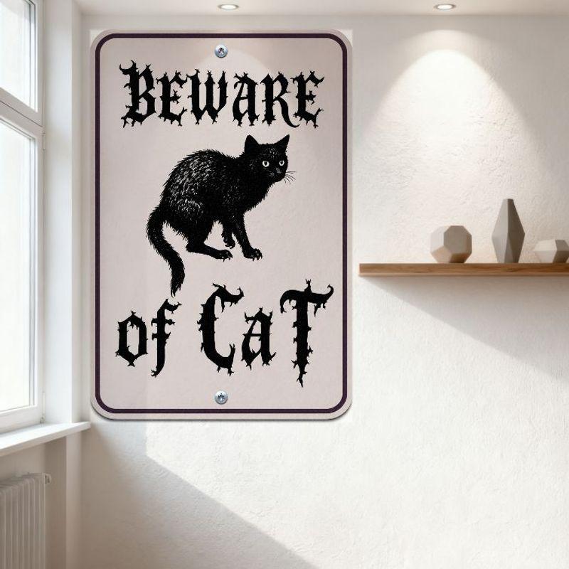 Beware of Cat Gothic Spooky Halloween Metal Tin Sign, Warning Cat Silhouette Wall Decor for Bar Pub Home, 8x12 Inch Vintage Meta