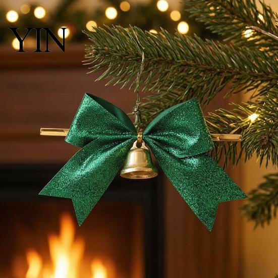 Decorative Bows with Bells 2 Pcs Christmas Bell, 4 Inch Glitter Ribbon Bows, Pre Tied Hanging Holiday Ornaments Xmas for Gift Wrapping, Wreath, Tree,