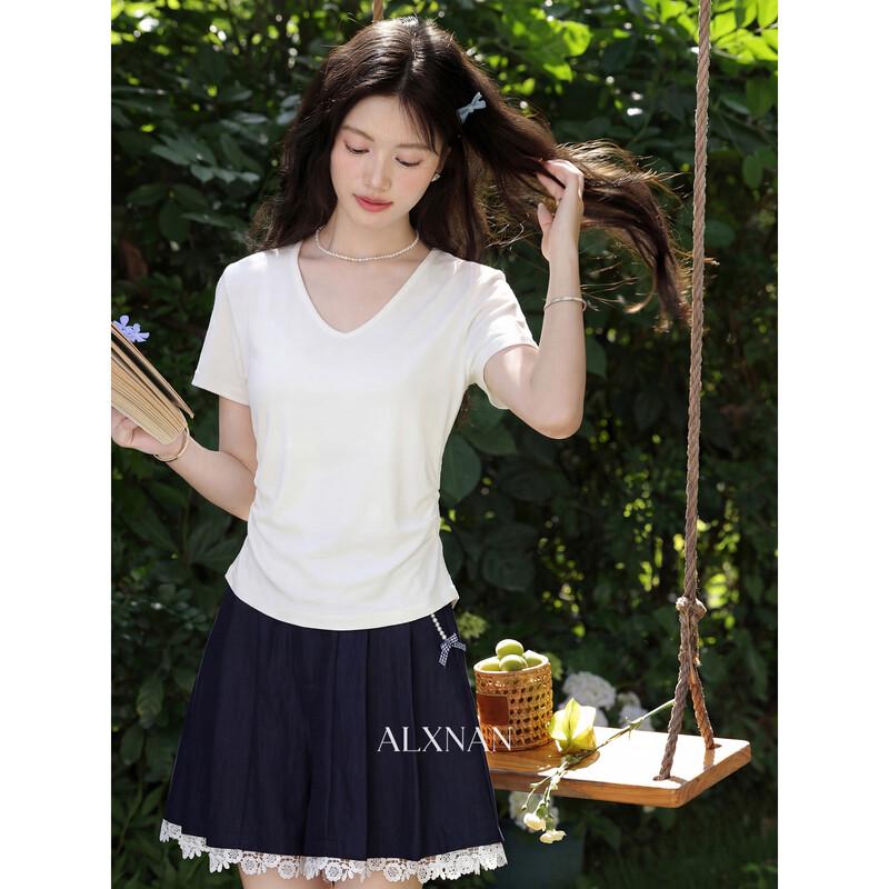 Luxiangnan Women s Lyocell V-neck Slim-fit Short Sleeve T-shirt L