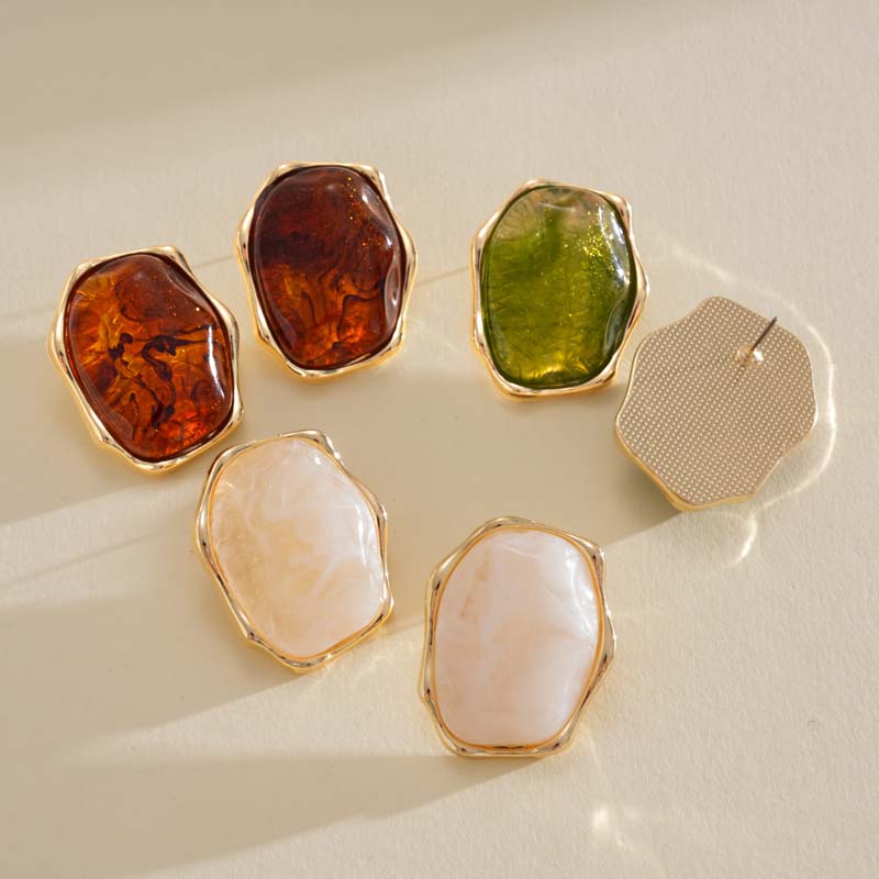 Vintage Brown Resin Elliptical Stud Earrings For Women Exaggerated Metal Geometric Earrings Wedding Ear Jewelry Accessories