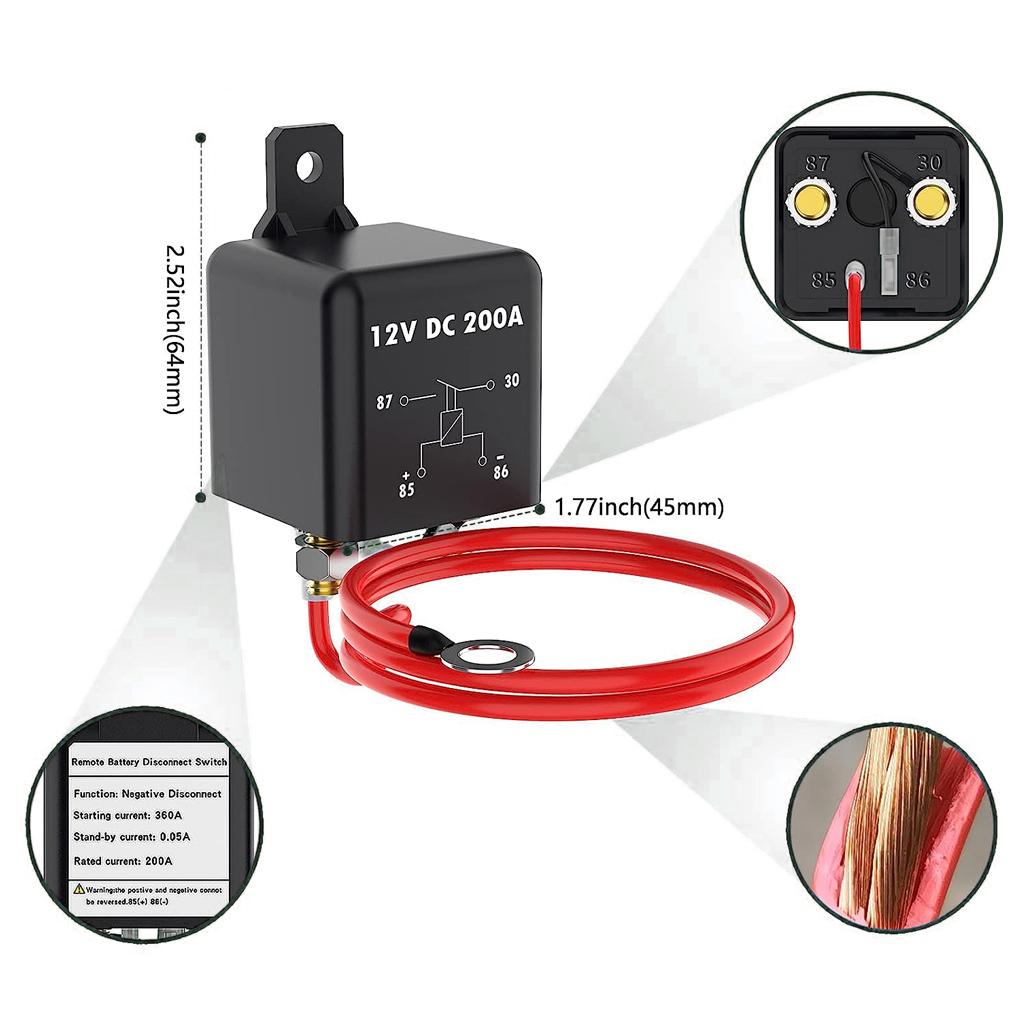 Battery Switch Relay 200A DC 12V Remote Control Battery Disconnect Cut Off Isolator Switch Anti-Theft with Remote Control Switch