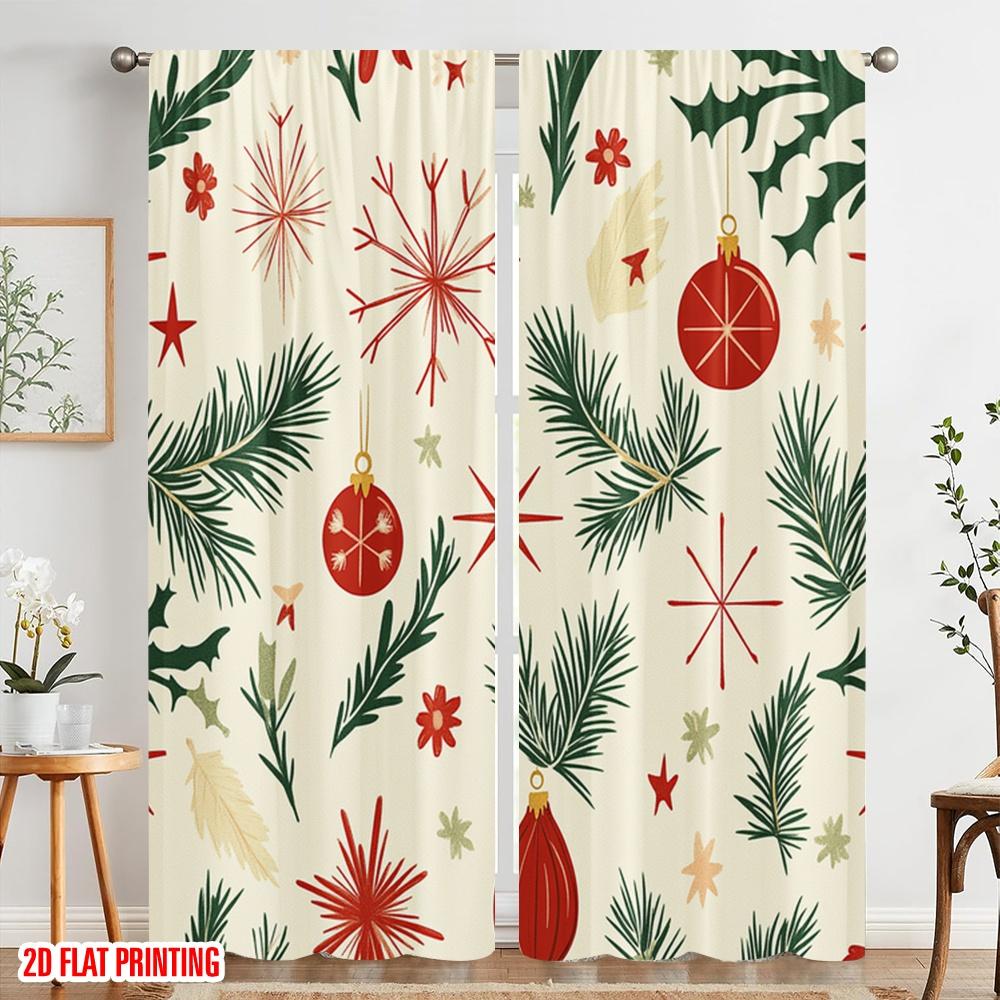 2pcs,2D Plane Printing Curtains Digital Printed Christmas Baubles Pine Branches Stars (4) 100% Polyester (without Rod) All