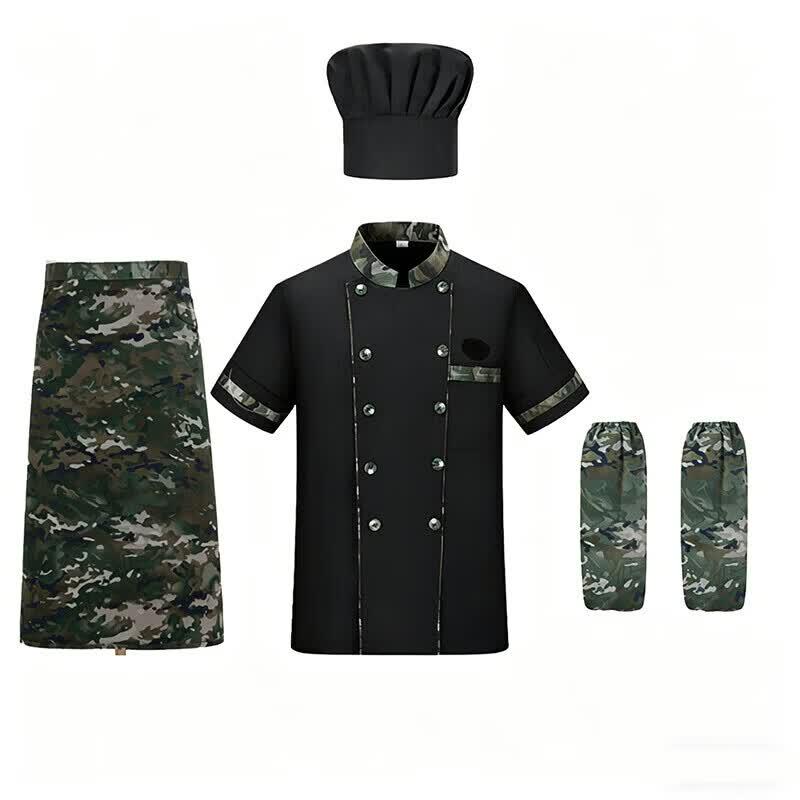 Yuetu Sen Anti-static Black Ink Camouflage Chef Uniform 4-Piece Set 3XL