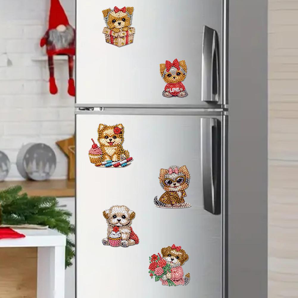 6Pcs Acrylic Flower Dogs Fridge Stickers Diamond Art Magnets Decals Diamond Painting Refrigerator Magnet for Adults Beginners