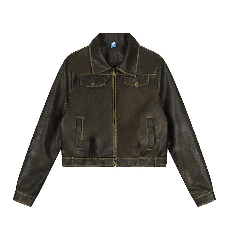 2KWEIRD Hot Girl Short PU Leather Jackets Retro Autumn Women Coats American  Pocket Coffee Faux Clothing Cropped Tops