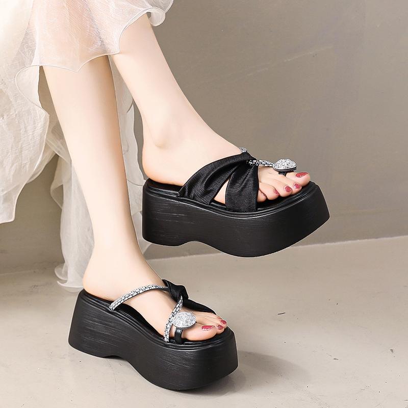 fashion Wedding Artifact Rhinestones with 8cm Heightening Thick-soled Platform Toe Slippers for Women Summer New Outer Wear Slippers