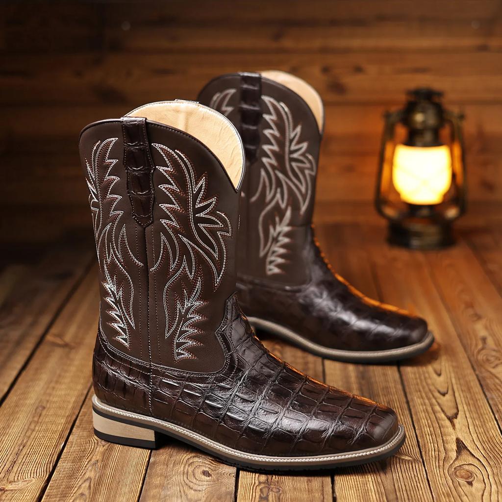 Mens Boots Cowboy Boots Imitation Crocodile Pattern High Tube Embroidered Retro Wide Head Western Cowboy Boots Mens Shoes