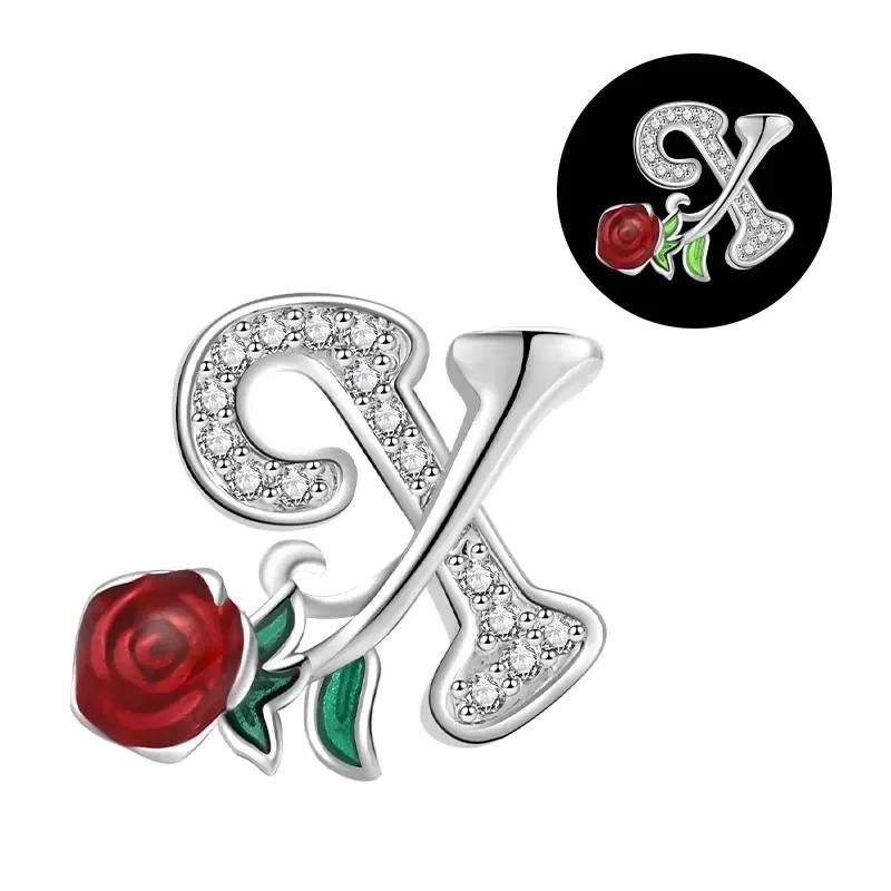 Copper 26 Letter A-Z Red Rose Charms Luminous Bead Fits Genuine Bracelets Do-It-Yourself Beautiful Jewellery Beautiful Gift For Women