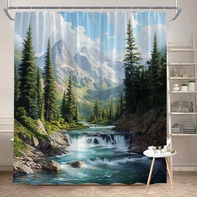 Serene Mountain Landscape Shower Curtain - Turquoise River, Waterfalls, Pine Trees & Snowy Peaks, Polyester, 12 Hooks