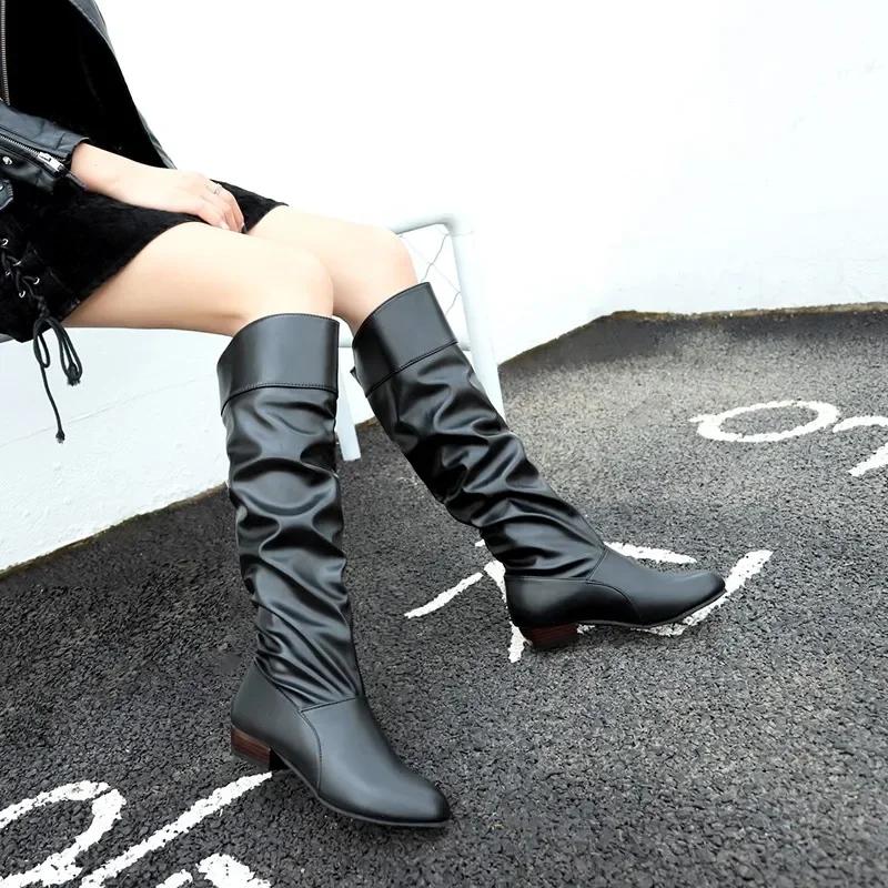 Fashion Shoes for Women Fashion Sleeve Women's Boots Spring Autumn Round Toe Solid High Tube Low-heeled Plus Size Boots Zapatos Mujer