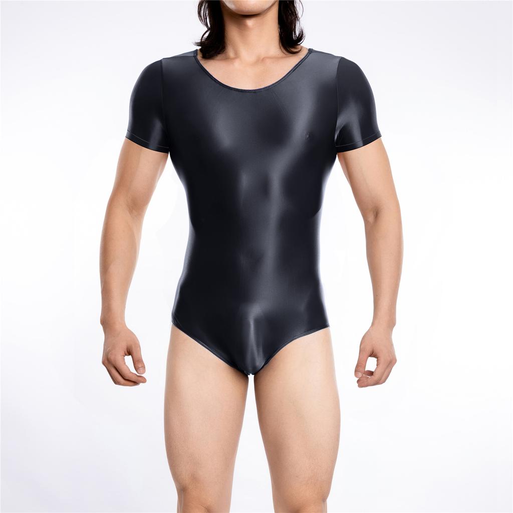 Sexy Men Sheer See Through High Cut Bodysuit Oil Glossy Shiny Maid Tights Stain Yoga Elastic Shaping Leotard Dance Wear