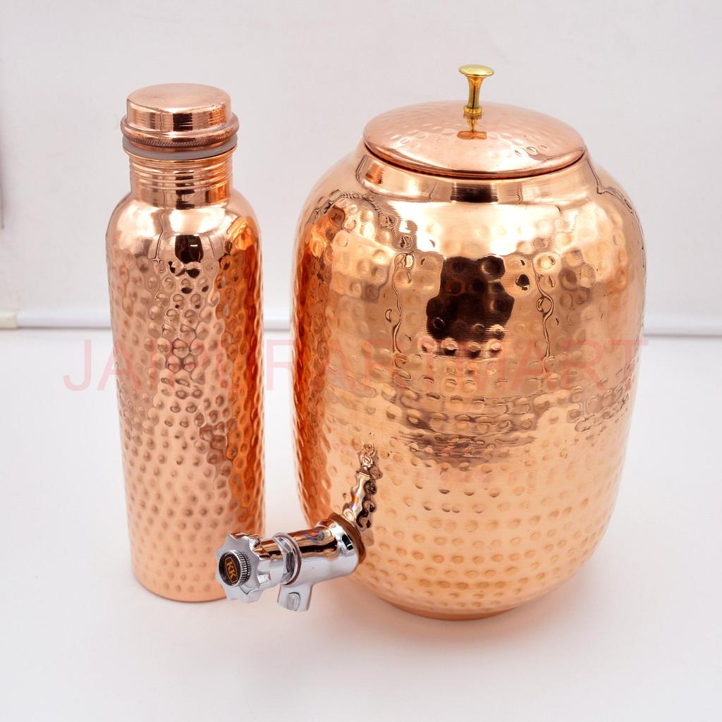 Copper Water Dispenser 8L with 1 Bottle Hammered For Drinking– Ayurvedic Health Benefits