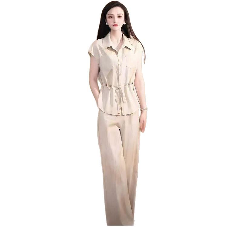 Chic Waist-Cinching Short-Sleeve Top & Wide-Leg Pants Set for Women - Elegant Summer Style