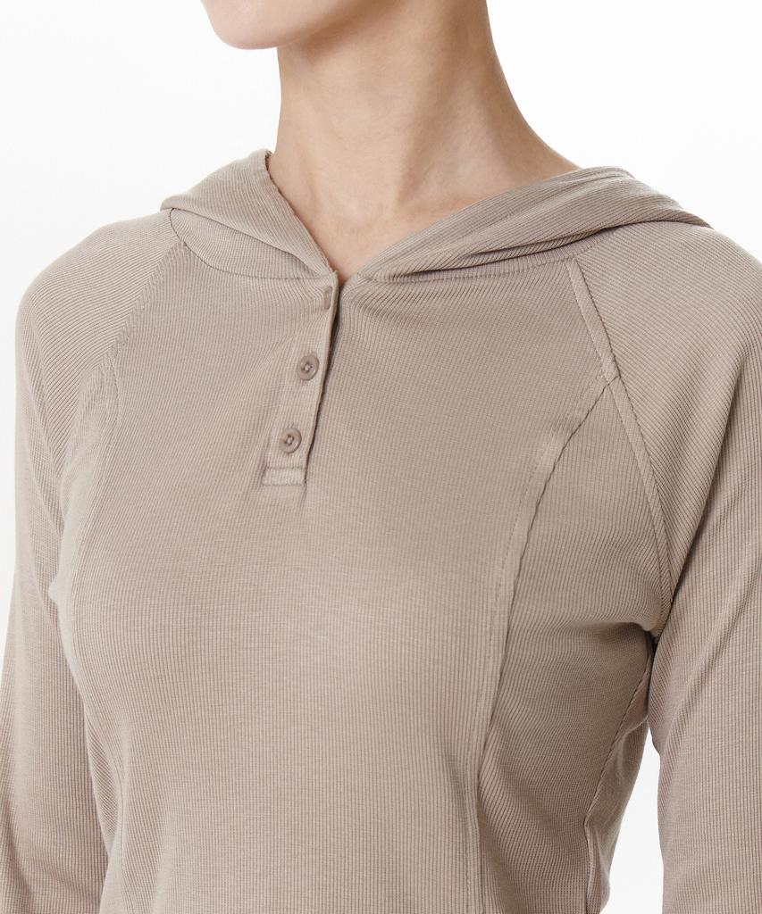 Women'S Ribbed Slim Hooded Long Sleeve T-Shirt [Grayish Beige]