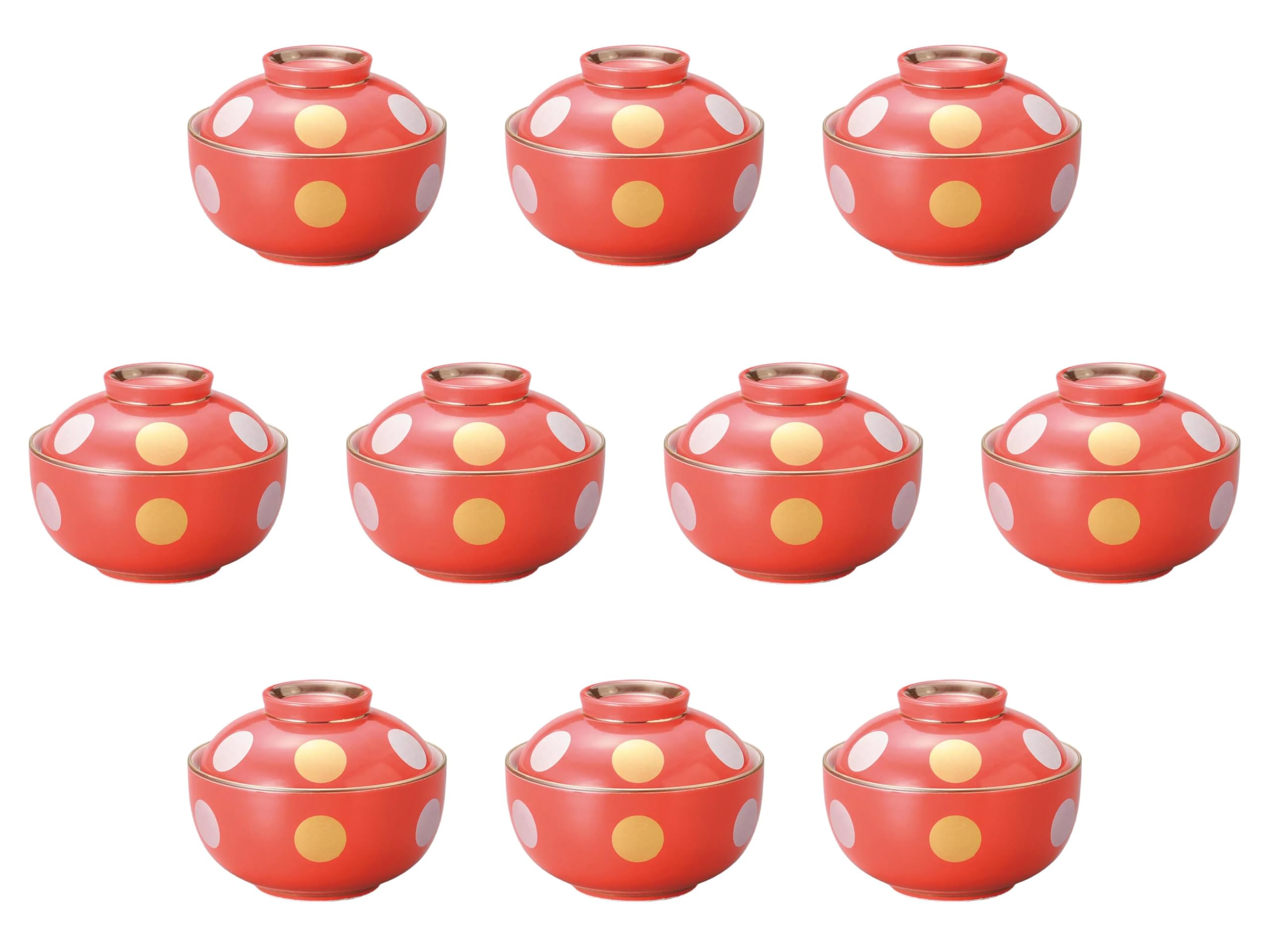 

Set of 10 Red Glazed Gold and Silver Round Patterned Boiled Bowls x Boiled Bowls Setomonohonpo [11.4 8.7 cm]