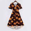 Women Casual V Neck Short Sleeve Halloween Print Dress Midi Length Relaxed Fit Lightweight Fabric Summer Dress