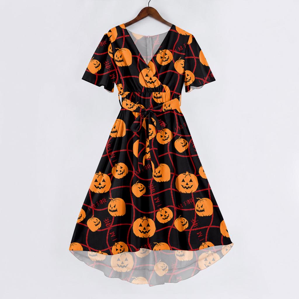 Women Casual V Neck Short Sleeve Halloween Print Dress Midi Length Relaxed Fit Lightweight Fabric Summer Dress