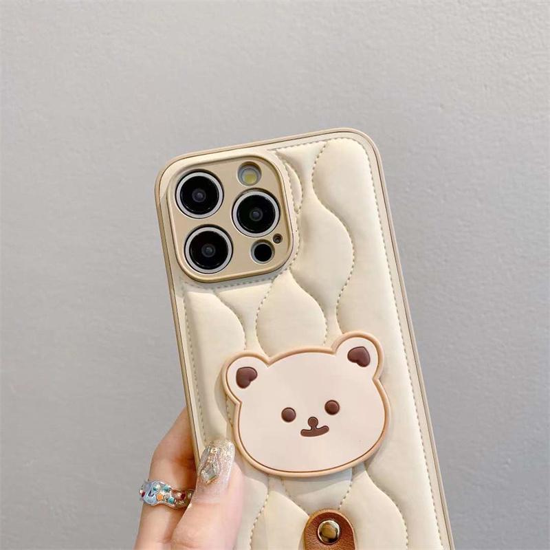 Cute Bear Wristband Lanyard Down Jacket Phone Case For iPhone 15 14 13 12 11 Pro Max Korea Soft Cover