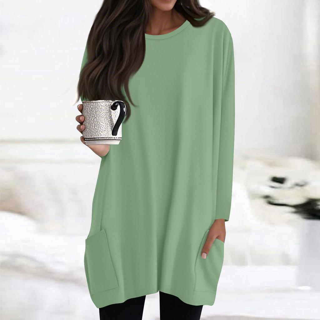 Womens Tops Round Neck Long Sleeve Blouses Casual Mid-length Shirts Fashion Print Tunic Tops With Pockets