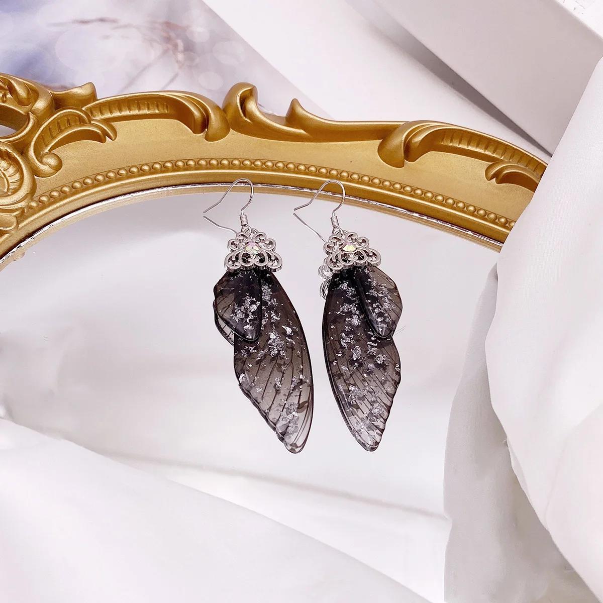 Women Black Resin Butterfly Wing Long Drop Earrings Shiny Rhinestone Dangle Earrings for Halloween Christmas Party
