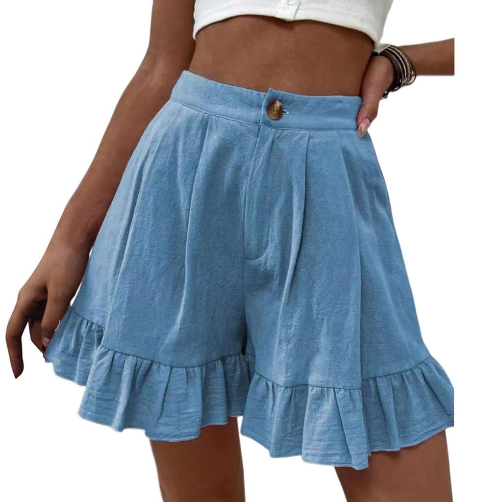 Pantaloni scurți casual la modă pentru femei, cu croială largă, din amestec bumbac-in, cu buzunare - Pantaloni cu volane late, colorați