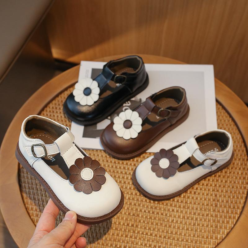 Girl Princess Shoes 2024 Spring Autumn Children Causal Leather Shoes Fashion Versatile Sweet Flower Kids Retro Flat Single Shoes
