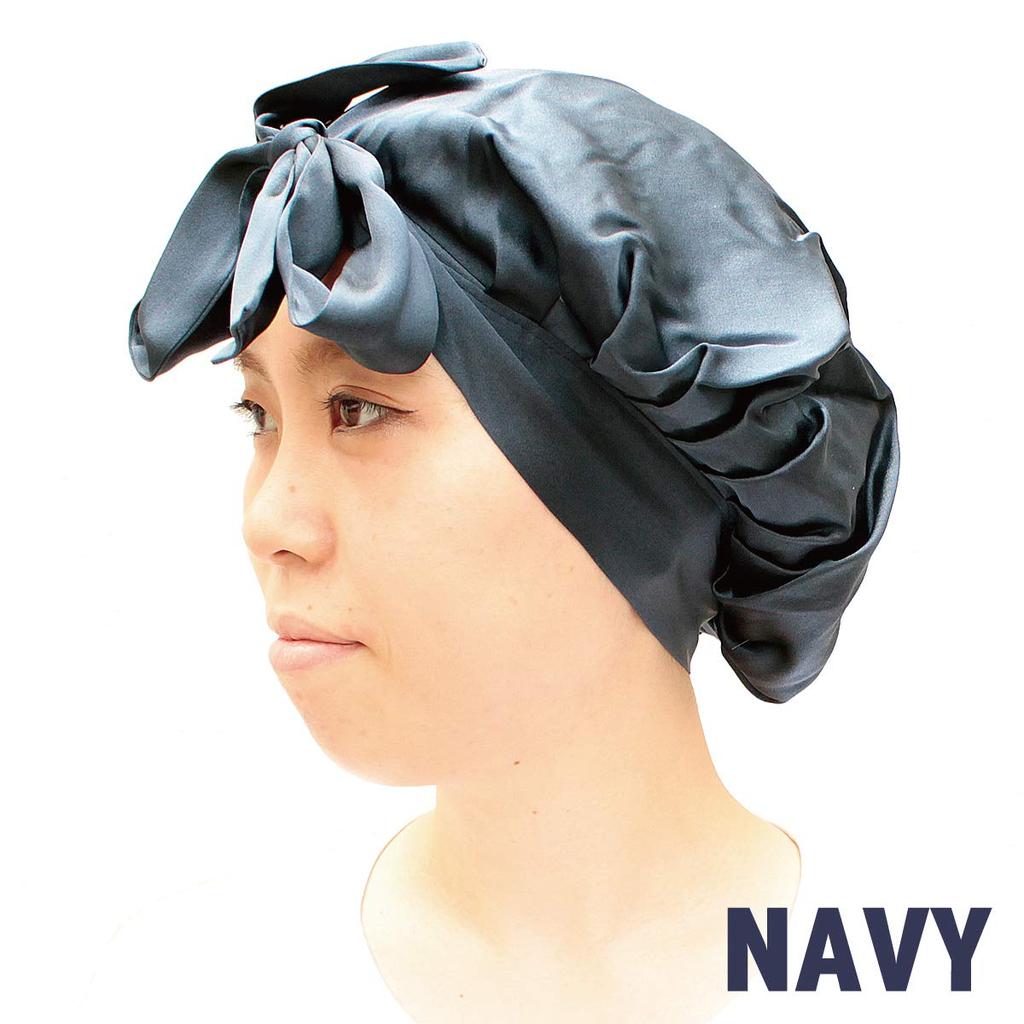 [BASIQUENTI] 100% Silk Night Cap – Silk Ribbon Cap, Women’s Free Size, Navy