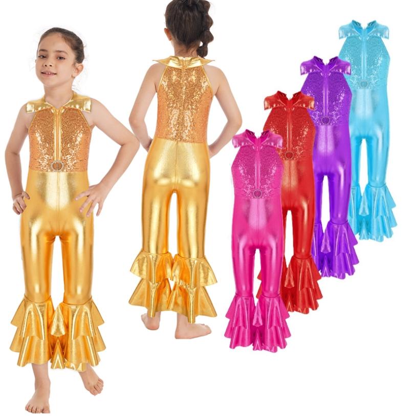 

Танцювальний комбінезон без рукавів для дівчат і дітей з блискучими паєтками, костюм із довгими брюками-кльошами 5-6 Years золотий