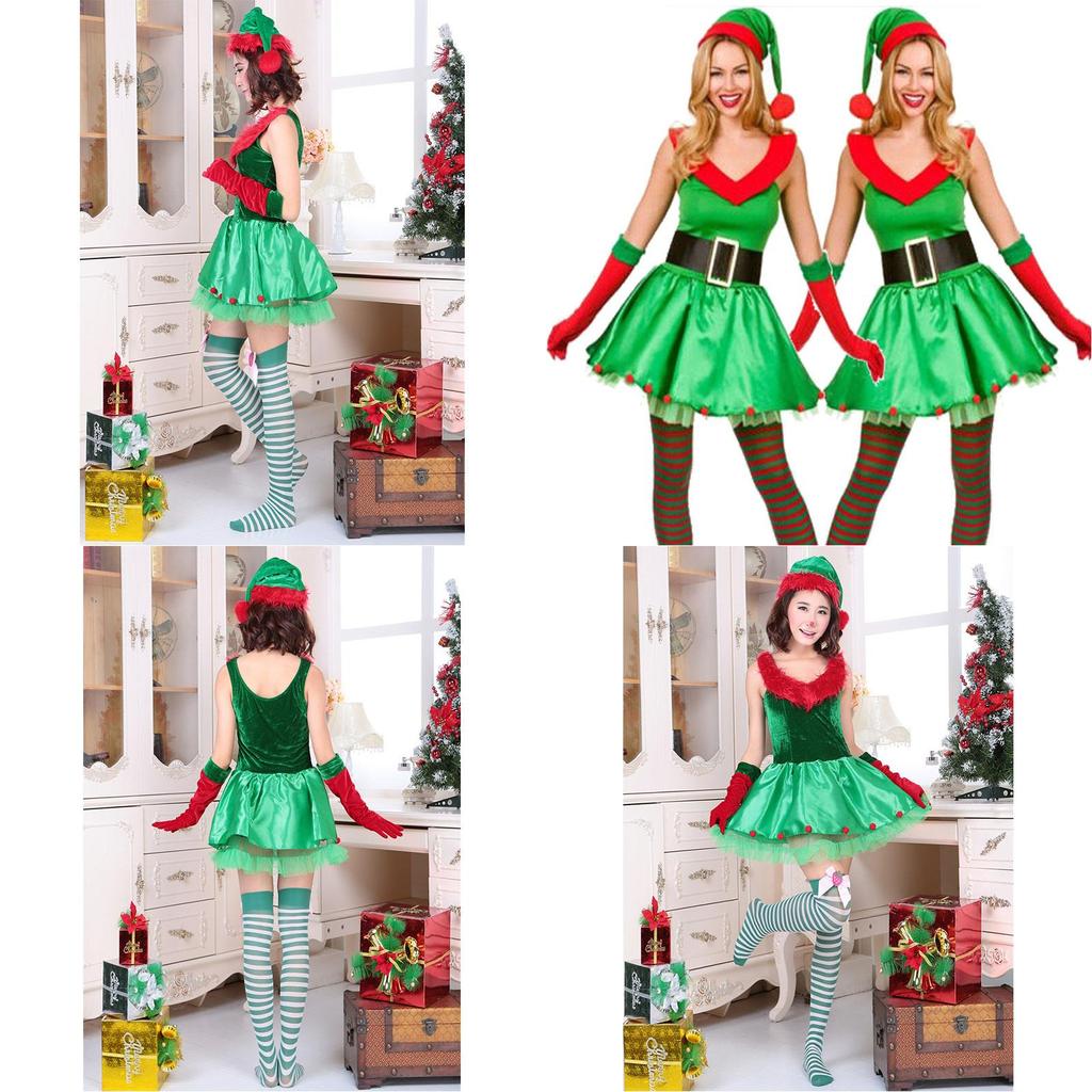 Premium Quality Women's Fashion Sexy Green Christmas Cosplay Elf Costume Dress Set