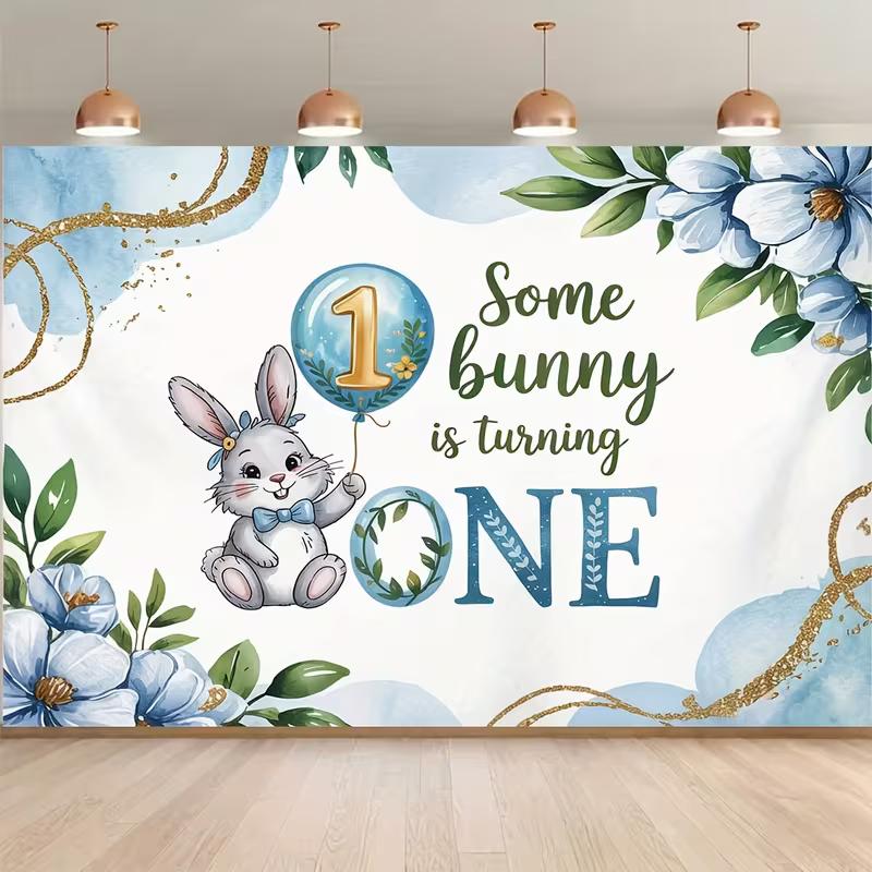

2D Baby Boy 1st Birthday Backdrop Cute Bunny with Balloon and Blue Flowers Party Photo Background 47.2x31.5inch/120*80cm