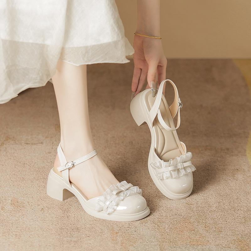 

Sandals women s new thick heel round head platform fairy satin summer bag head silver Mary Jane shoes 36