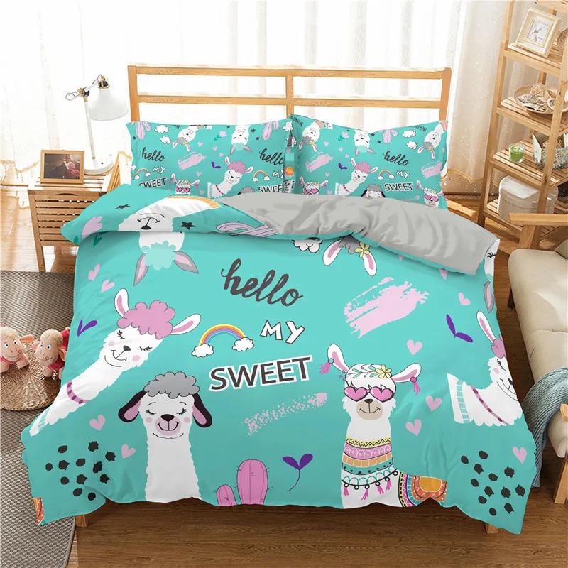 Cartoon Alpaca Duvet Cover King Queen Size Lovely White Animal Bedding Set for Kids Tropical Cactus 2/3pcs Polyester Quilt Cover