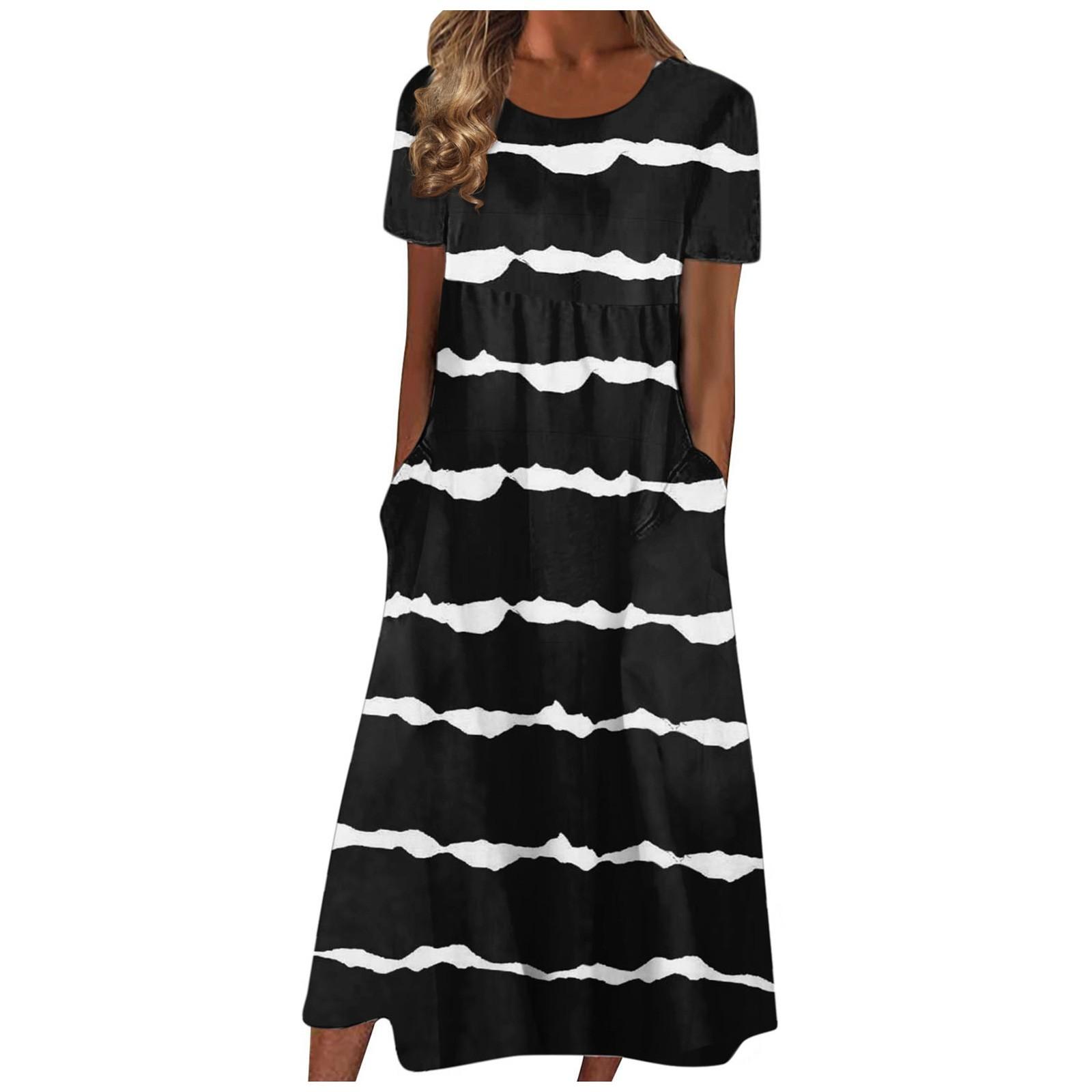 Женское летнее повседневное модное платье с коротким рукавом и карманом с круглым вырезом — фото 3