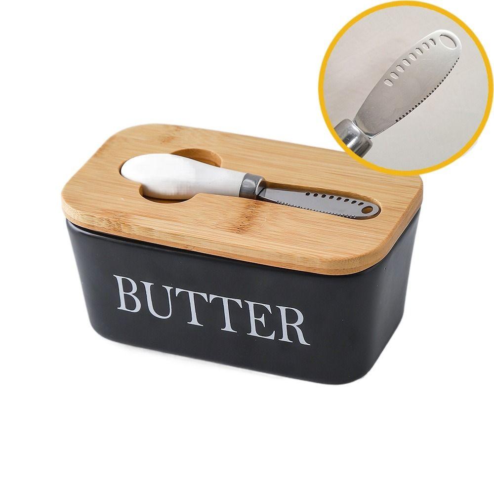 High-quality Ceramic Butter Box with Round Wooden Covers Porcelain Butter Holder Household