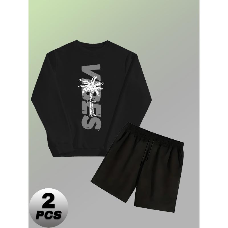 Polyester Men s 2 Piece Casual Outfit Crew Neck Pullover Sweatshirt and Drawstring Shorts S