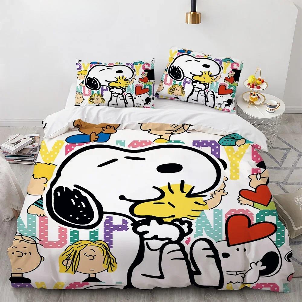Snoopy Children's Microfibre Duvet Covers 3-Piece for Teenagers Adult Duvet Cover Cartoon Comics Bedding with Zip Gift Cover