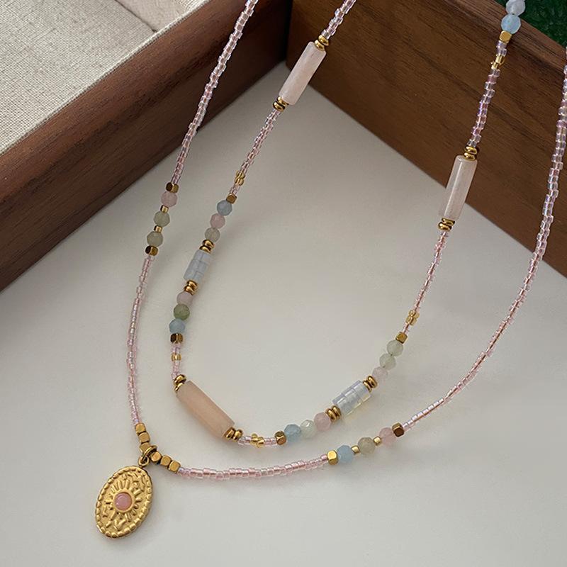 Naszyjnik ze słonecznikiem Surowy kamień Koralikowy łańcuszek na szyję Boho Wakacje Lato Wszechstronny kolor Kamień naturalny Łańcuszek na obojczyk Kobiety