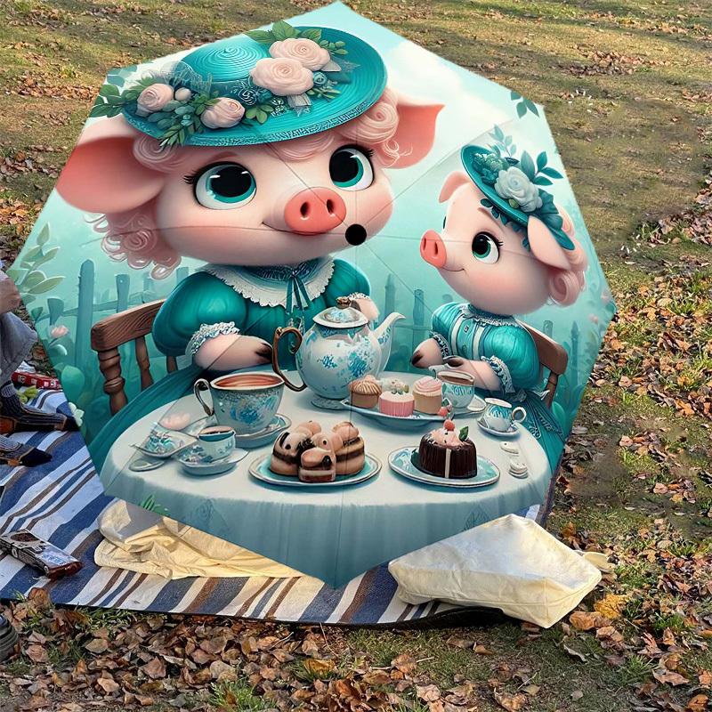 1PC Tea Party Pig Umbrella-8-Rib Reinforced, Automatic Open, Lightweight & Durable, Cute Fashion Accessory for Outdoor-T371