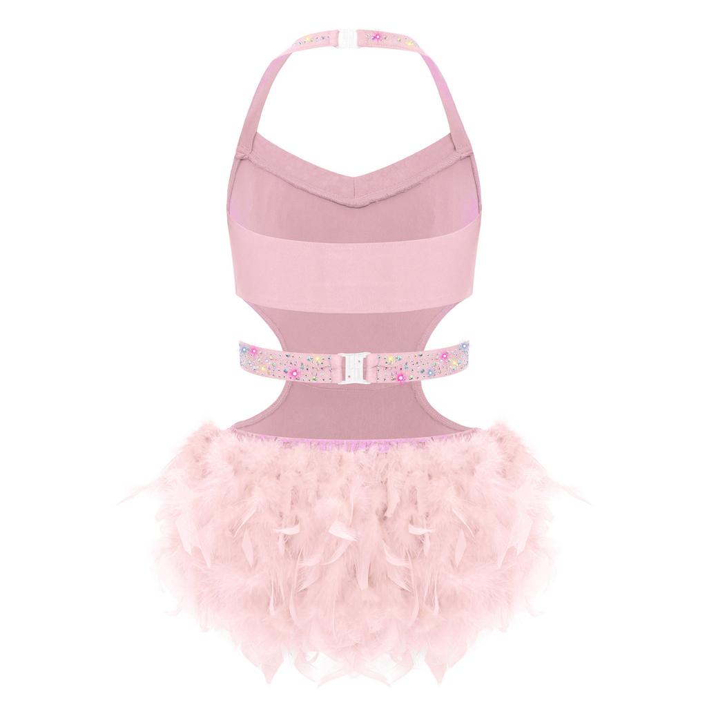 Girls Latin Dance Costume Sparkly Rhinestones Halter Leotard with Feather Skirt for Performance