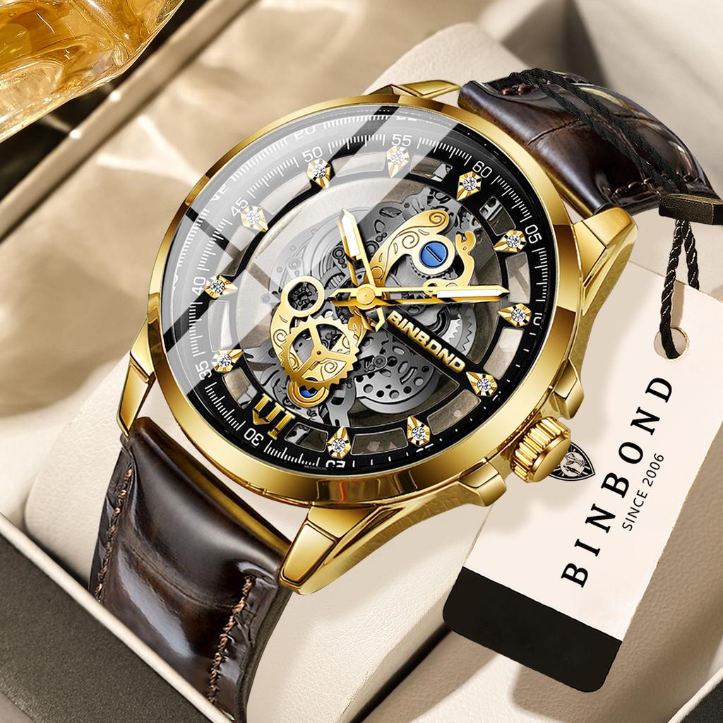 BINBOND Vintage Hollow-out Quartz Wristwatch For Men Luxury Luminous Waterproof Accurate Durable Men's Watch Casual Reloj